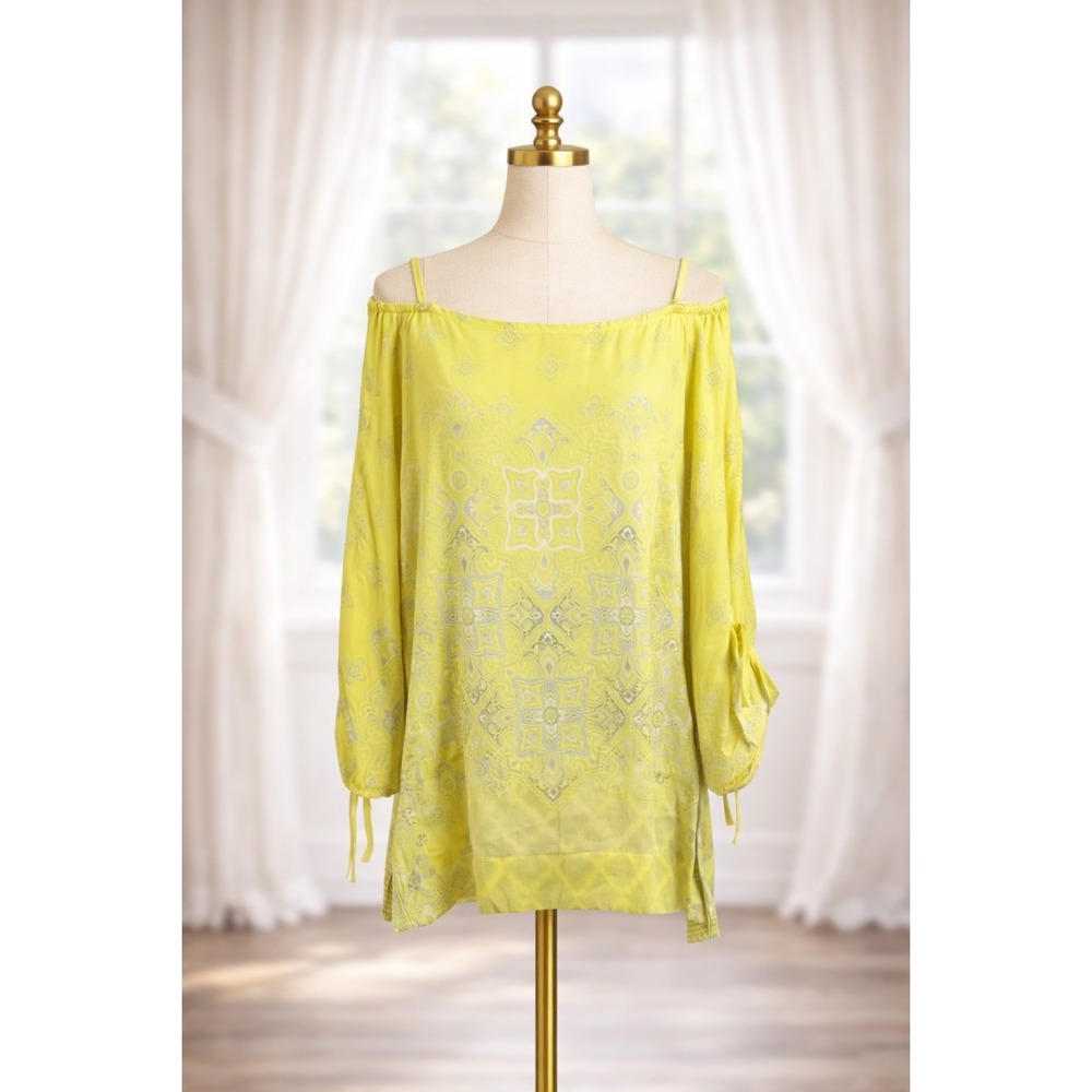 Lane Bryant Top 14 Yellow Damask‎ Cold Shoulder Gold Chain Ruched 3/4 Sleeve